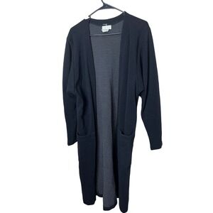 Vintage EXPO Ribbed Knit Duster‎ Cardigan Long Open Front Pockets Black Size 10